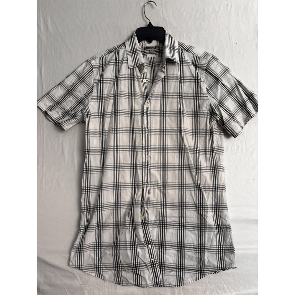 Express Men 15-15.5 Large Long White Gray Plaid Shirt Short Sleeve Button